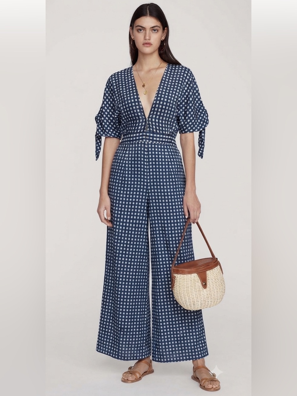 Faithfull The Brand Cedric Jumpsuit Navy Gingham Plunge Wide Leg Culotte Sz 4